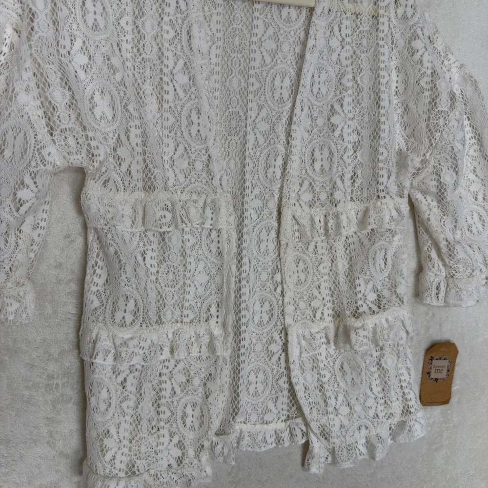 Forever Me White Crochet Lace Ruffle Cardigan Kimono Boho Cottagecore Size M NWT